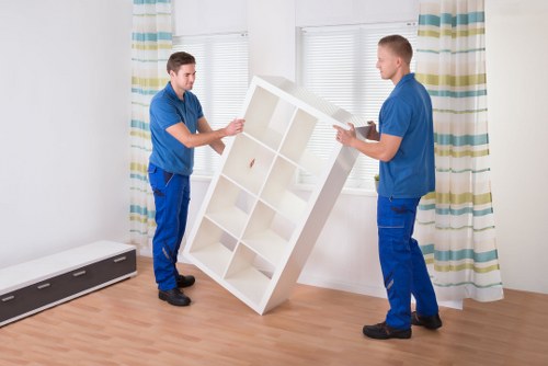 Packed office furniture and equipment ready for transport