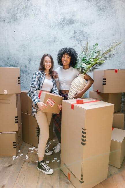 Two women involved in a home relocation process, standing inside a room with a textured, grey wall behind them. They are surrounded by stacked cardboard moving boxes, some sealed with red packing tape, and a few smaller boxes scattered on the wooden floor. One woman, wearing a plaid shirt and beige pants, holds a medium-sized box with a red label, while the other woman, dressed in a white top and patterned trousers, holds a large, decorative wicker vase with green leafy plants inside. The lighting is bright and natural, illuminating the space clearly. The scene reflects the packing and loading stages of furniture transport and house removals, a service provided by Balham Man and Van, as part of their house moving solutions in the SW12 Bedford Hill Balham area.
